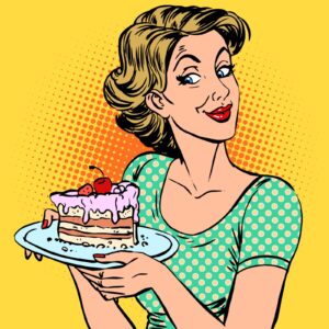 A cartoon woman holding a piece of cake