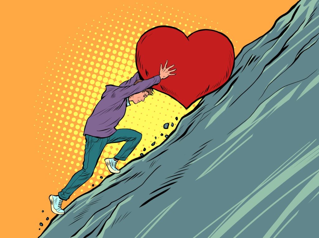 A man pushing a heart shaped rock up a mountain -doing the hard thing.